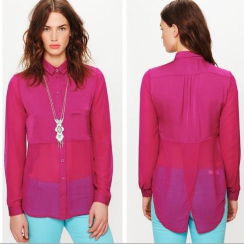 FREE PEOPLE pink silky sheer blouse button down
